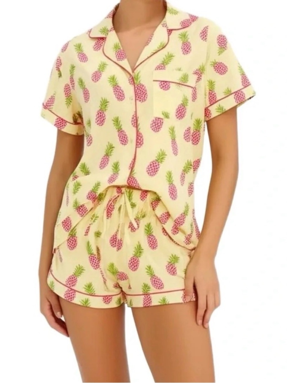 Crafted by Mahogany Pineapple Print Cotton Pajama Top Short Set Yellow Pink Sm